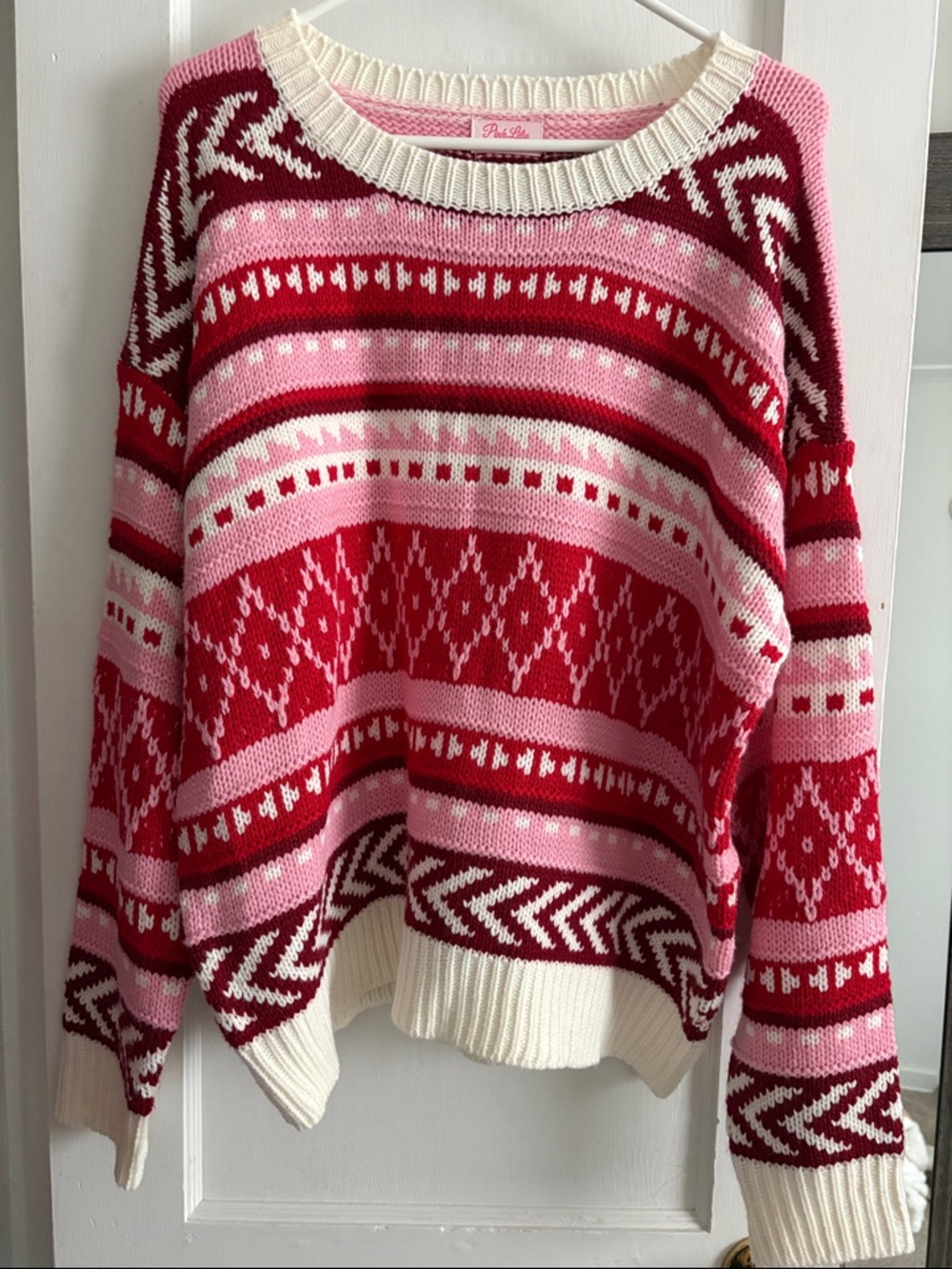 Pink Lily Pink, Red & Cream Patterned Scoopneck Sweater